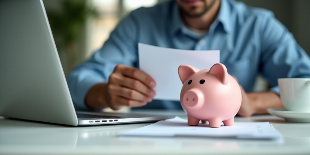 a man holding a piece of paper with a piggy bank sitting next to him on a desk next to a laptop, And