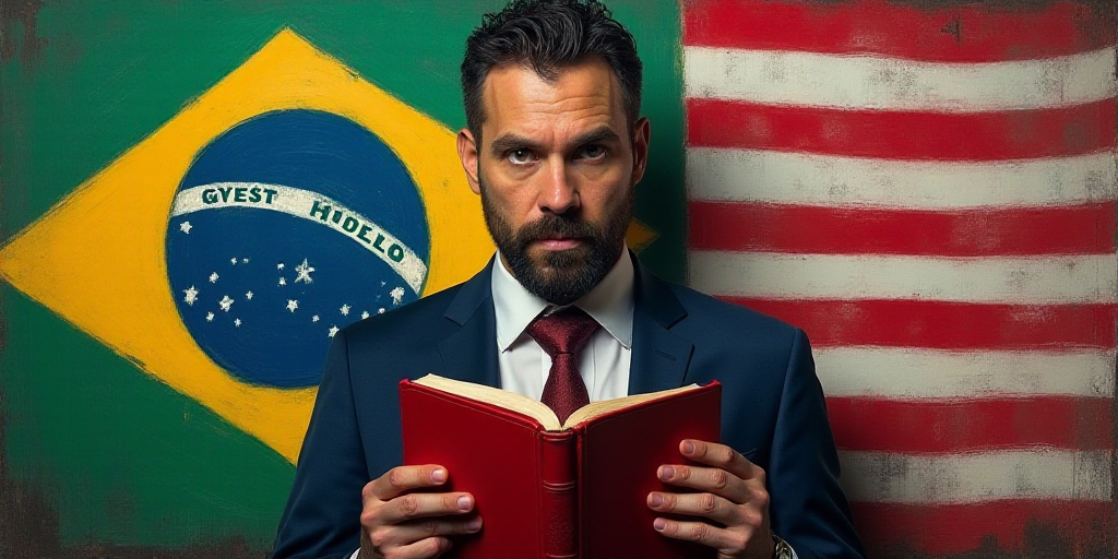 a man holding a red book in front of a flag of brazil and a flag of the united states, Carlos Catass