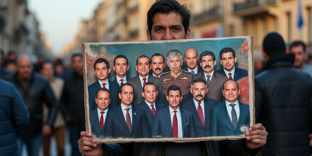 a man holding a sign with a bunch of pictures of men in suits on it and a flag in the middle, Federi