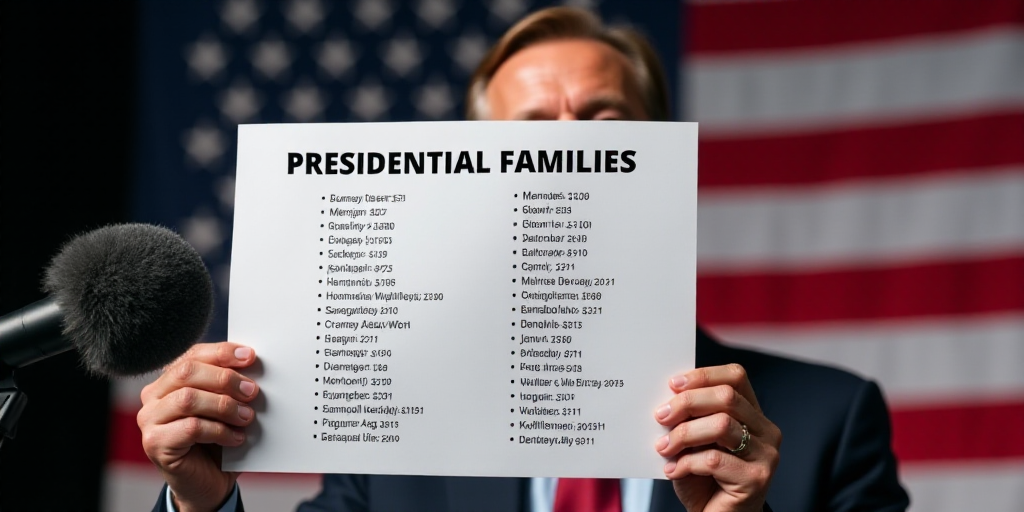 a man holding a sign with a list of presidential families on it in front of a microphone and america