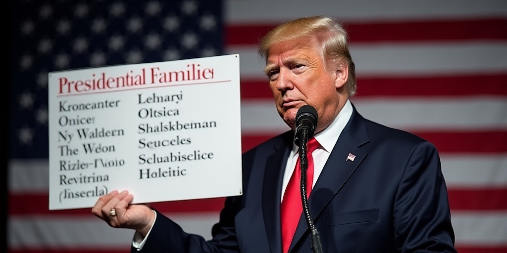 a man holding a sign with a list of presidential families on it in front of a microphone and america