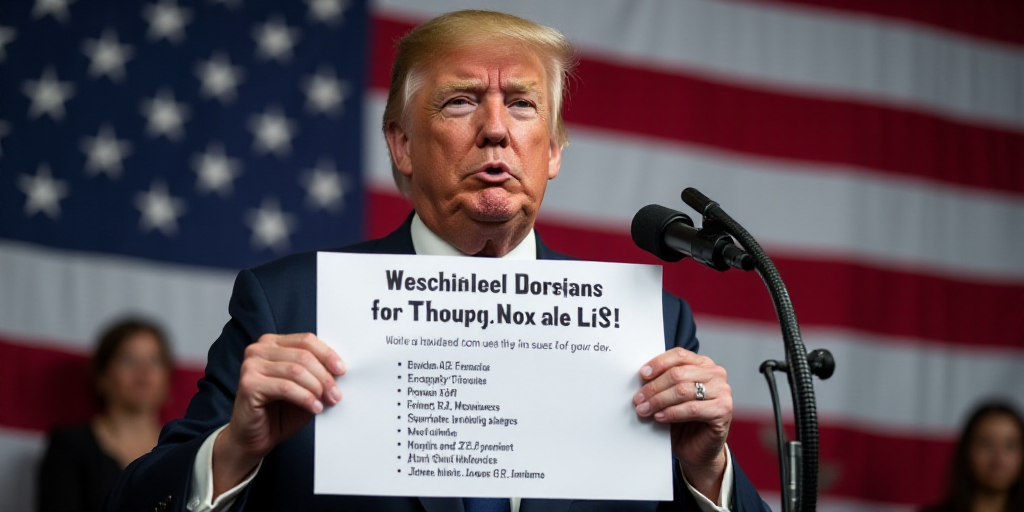 a man holding a sign with a list of presidential officials on it in front of a microphone and americ