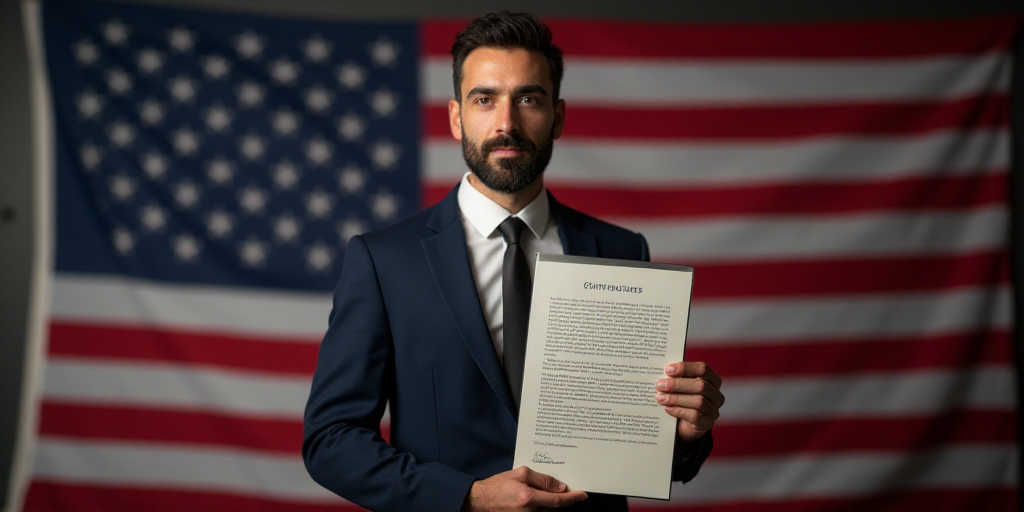 a man holding a signed document in front of an american flag and a flag in the background with a man