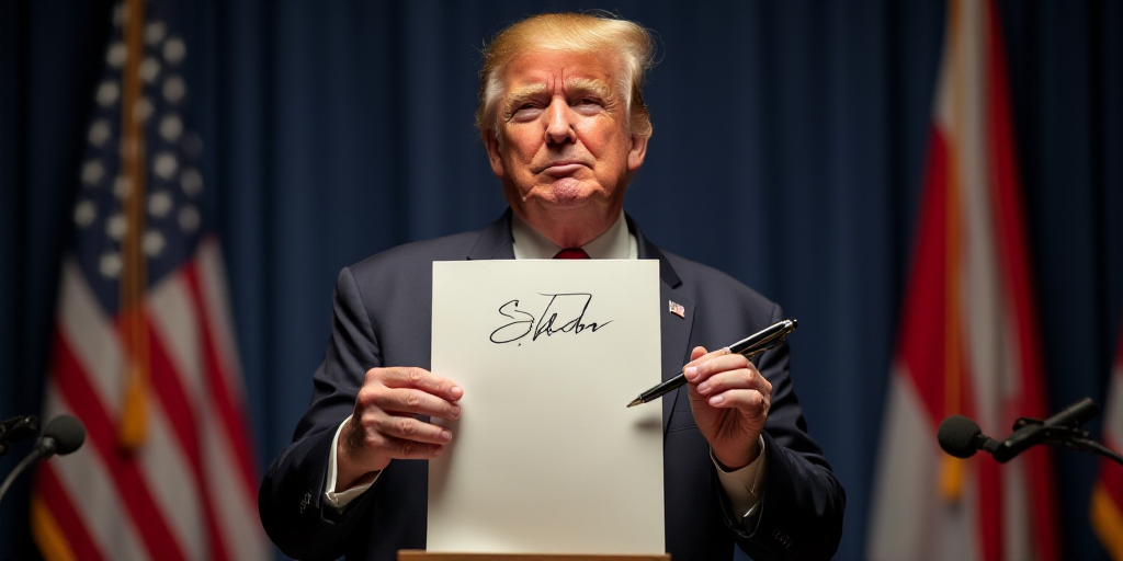 a man holding a signed document in front of a microphone and american flag in the background with a