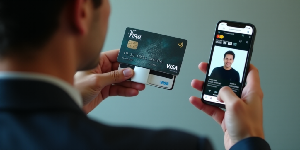 a man holding a smart phone next to a visa card and a visa card holder with a picture of a man, Cui