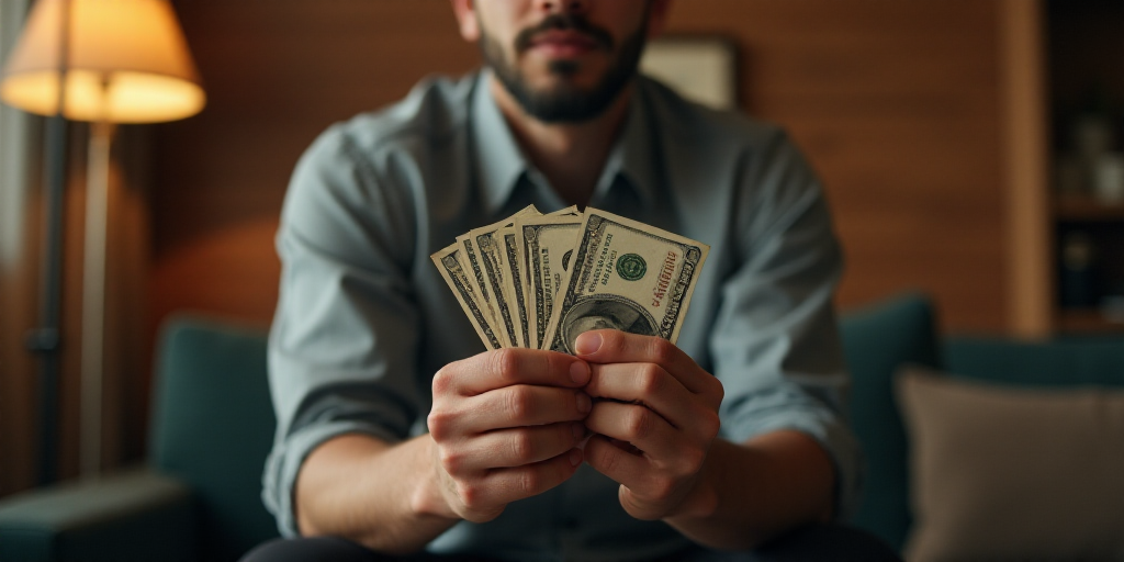 a man holding a stack of money in his hands while another man looks on in the background in a room,