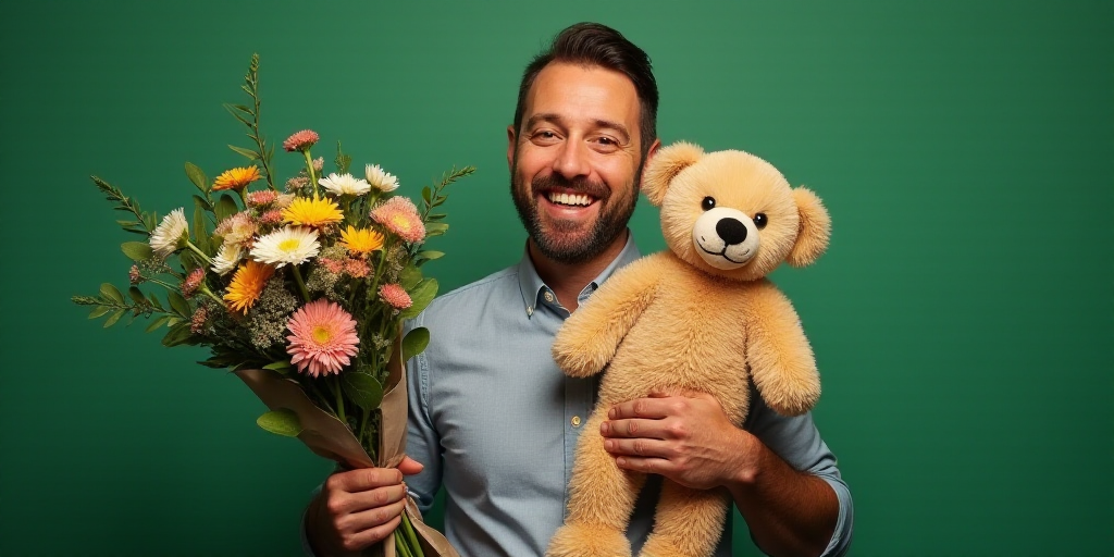 a man holding a stuffed animal and a bouquet of flowers in his hands and smiling at the camera with