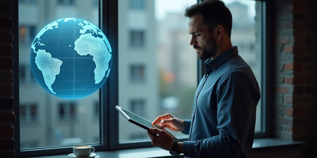a man holding a tablet in front of a window with a world globe on it and a cup of coffee, Andries St