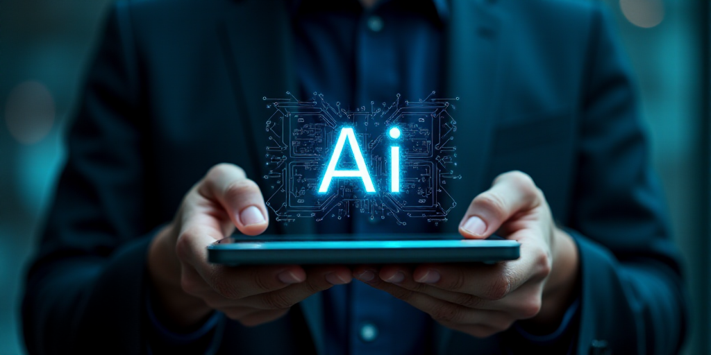 a man holding a tablet with the word ai on it and a circuit board in the background with his hands,