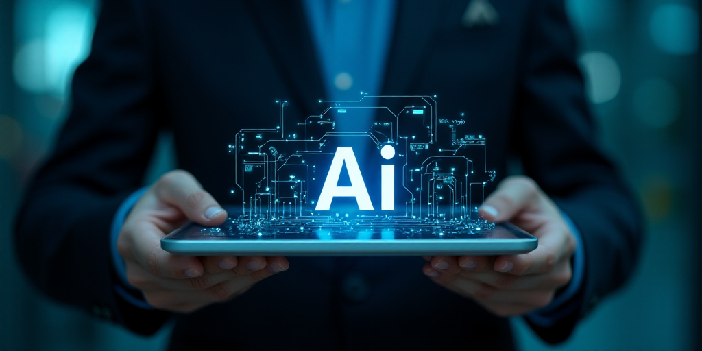 a man holding a tablet with the word ai on it and a circuit board in the background with his hands,