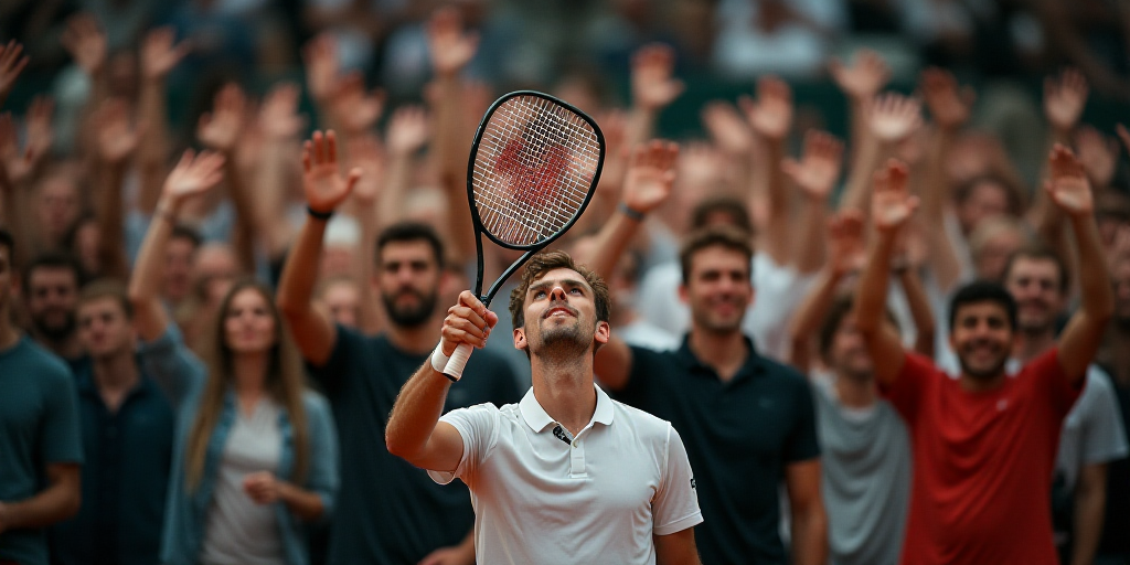 a man holding a tennis racquet in front of a crowd of people with their hands up in the air, Christe
