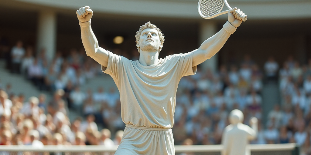 a man holding a tennis racquet on a tennis court with a fist in the air and a crowd watching, Carles