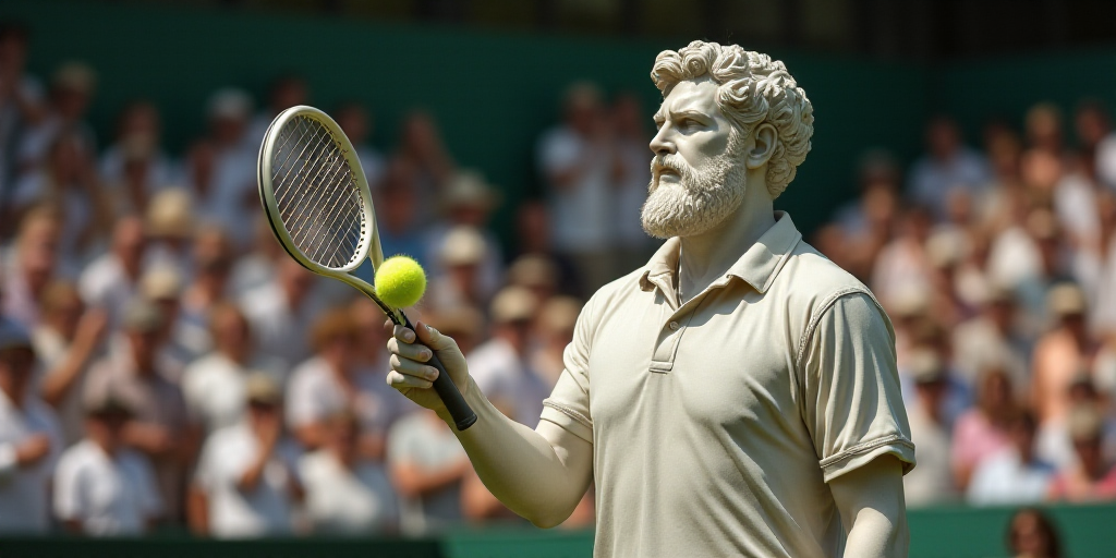 a man holding a tennis racquet in front of a crowd of people on a tennis court with a tennis ball in