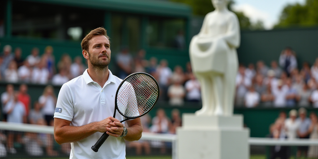 a man holding a tennis racquet in front of a crowd of people on a tennis court with a trophy, Christ