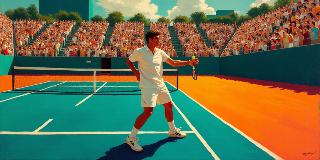 a man holding a tennis racquet on a tennis court with a crowd watching him from the stands, Emiliano