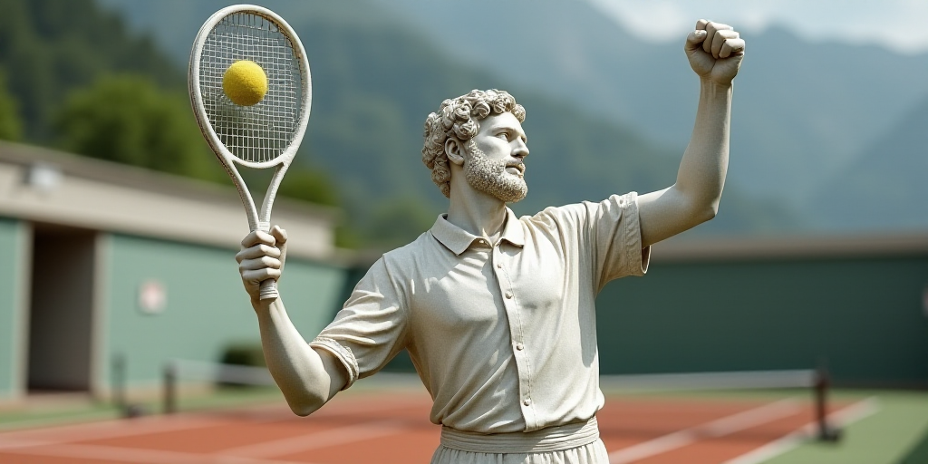 a man holding a tennis racquet on a tennis court with a fist in the air and a tennis ball in the air