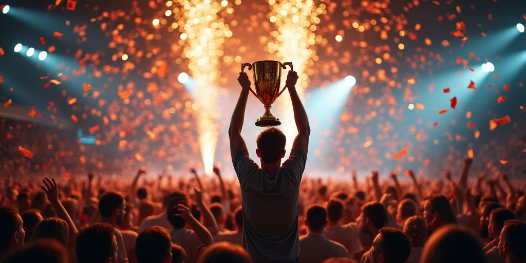 a man holding a trophy in front of a crowd of confetti and confetti sticks in the air, Eric Dinyer,