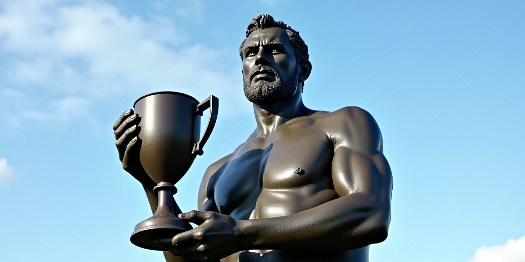a man holding a trophy in his hands with a sky background behind him and a blue sky behind him, Dere