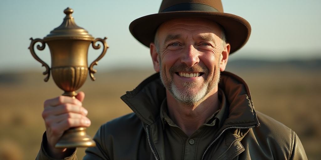a man holding a trophy in his hand and smiling at the camera while wearing a hat and jacket and hold