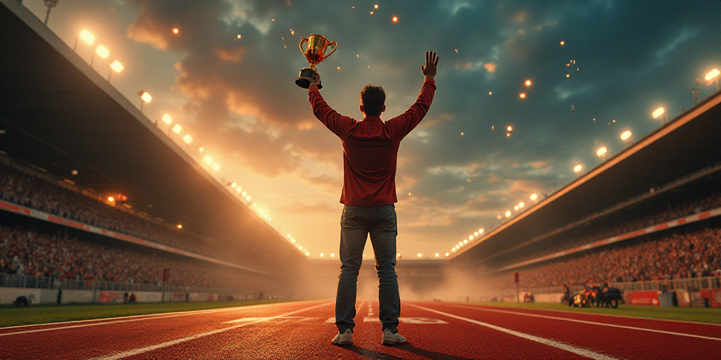 a man holding a trophy on top of a race track with his hands in the air and his hands in the air, De