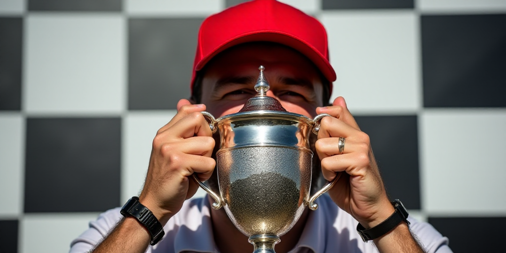 a man holding a trophy up to his face with both hands and a red hat on his head and a checkered wall