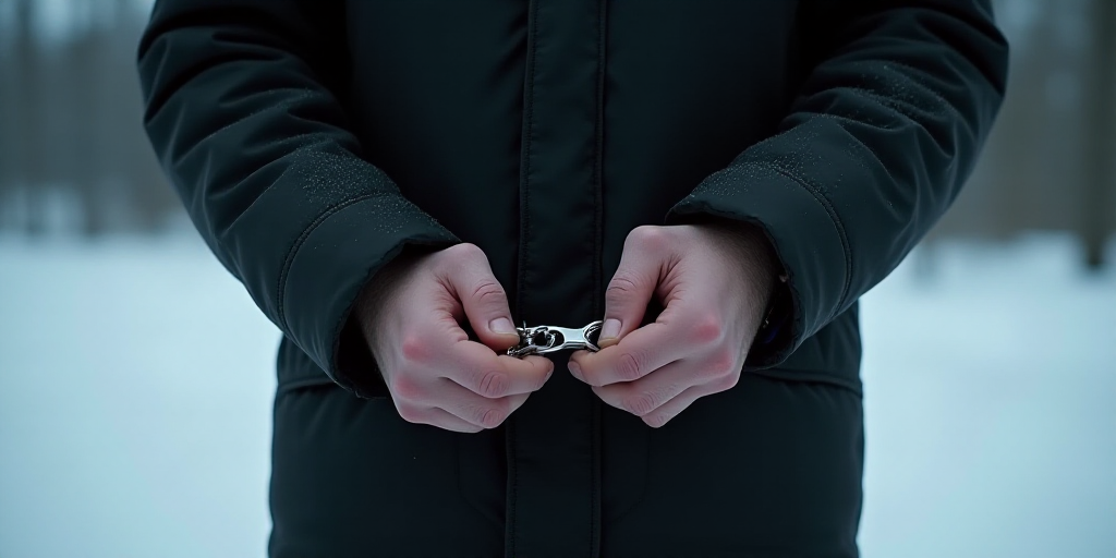 a man holding his hands in handcuffs with both hands on his chest and the other hand on his chest, D