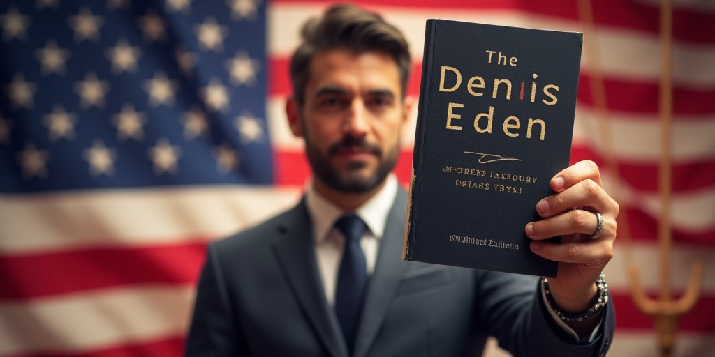 a man holding up a signed book in front of a flag and american flags in the background, with a signe