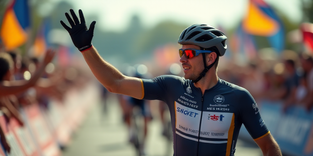 a man in a bib waving to the crowd at a race track with a bicycle helmet on and a bib, Erik Pevernag