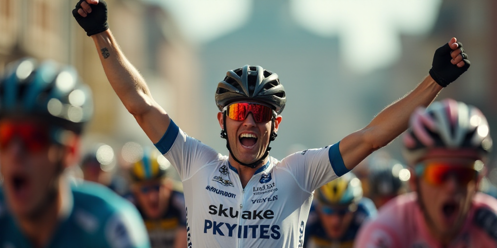 a man in a bike helmet celebrates his win in a race with his arms in the air and his hands in the ai