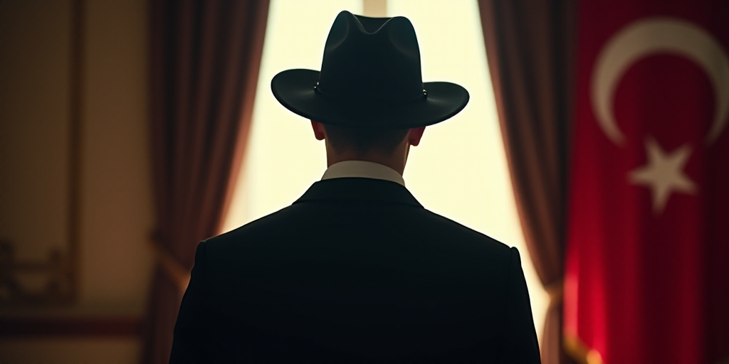 a man in a black hat standing in front of a flag and a window with a curtain behind him, Enki Bilal,