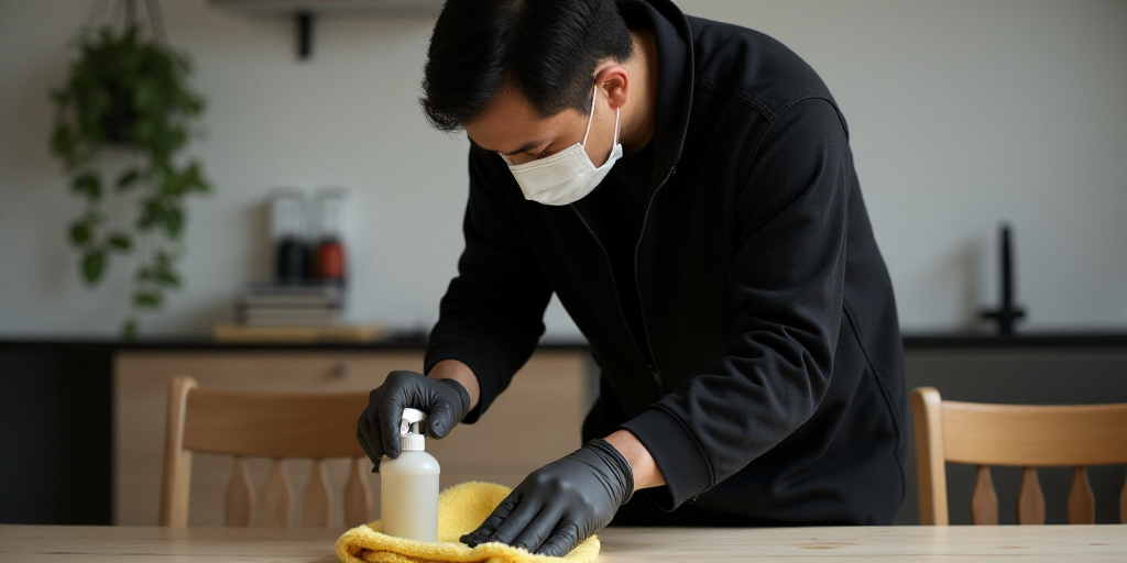 a man in a black jacket and a white mask is cleaning a table with a bottle of cleaner and a chair, D