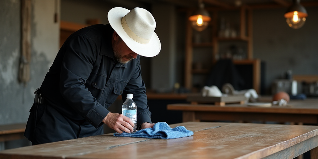 a man in a black jacket and a white hat is cleaning a table with a bottle of water and a blue towel,