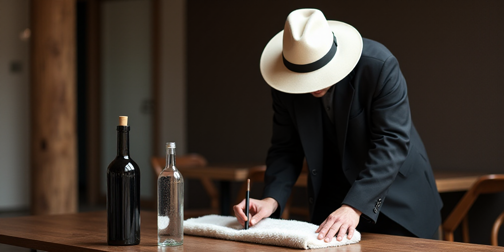 a man in a black jacket and a white hat is cleaning a table with a bottle of water and a bottle of w
