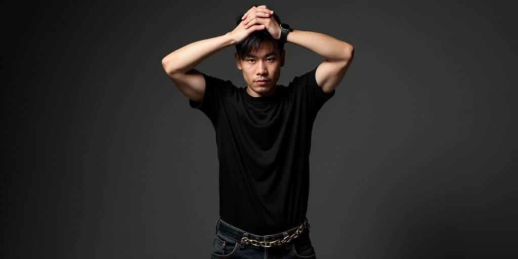 a man in a black shirt holding his hands together with a chain around his ankles and his hands in th