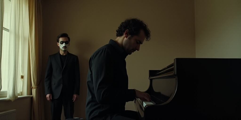 a man in a black shirt playing a piano in a room with a man in a mask behind him, david rubín, cine