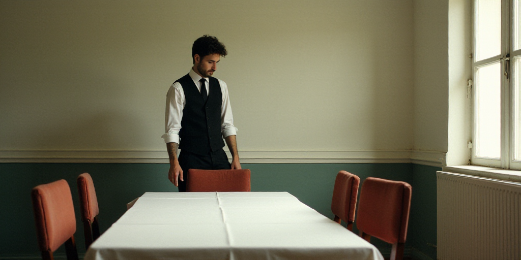 a man in a black vest and tie standing over a table with chairs and a white table with a white table