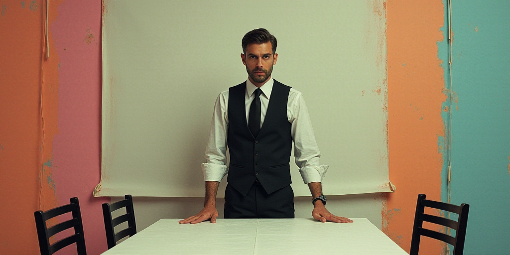 a man in a black vest and tie standing over a table with chairs and a white table with a white table
