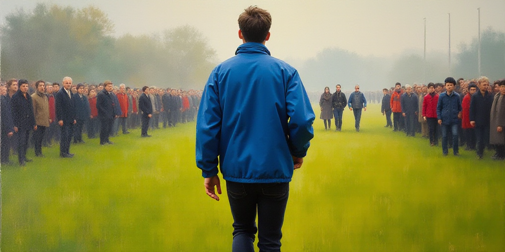 a man in a blue jacket and black pants walking on a field with a crowd watching him from behind, Con