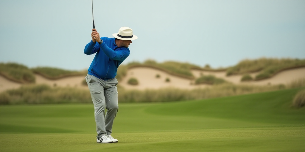 a man in a blue jacket and white hat playing golf on a green field with sand dunes in the background