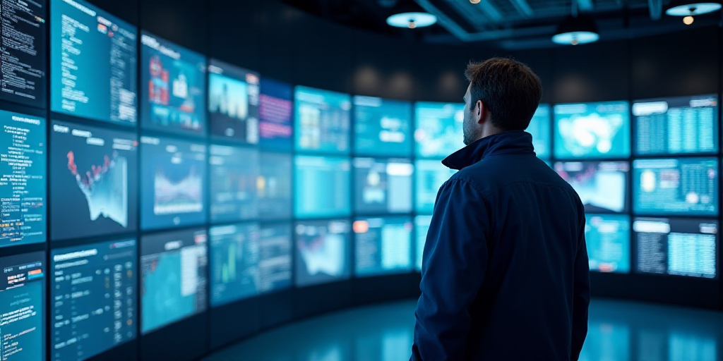 a man in a blue jacket is looking at a wall of monitors and screens in a building with a lot of sign