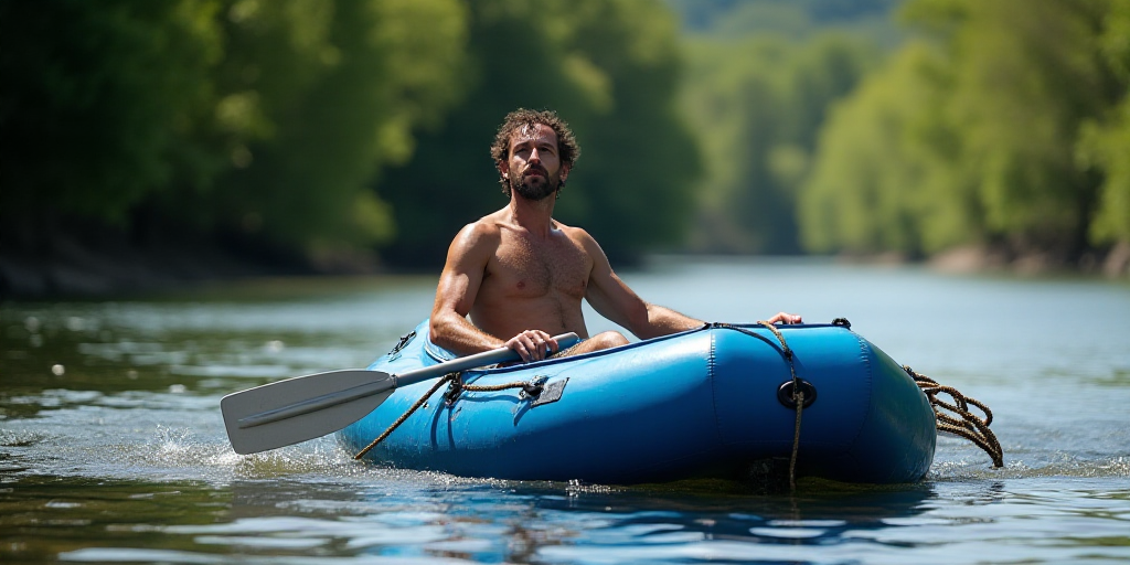 a man in a blue raft on a river with trees in the background and a rope hanging from the side of the