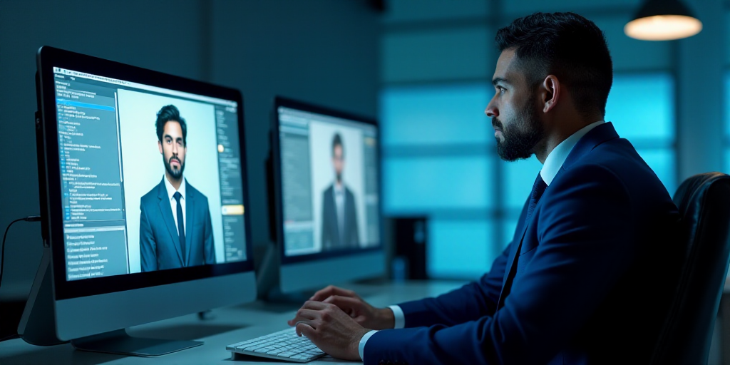 a man in a blue suit is looking at a computer screen with a man in a blue suit on it, Andries Stock,