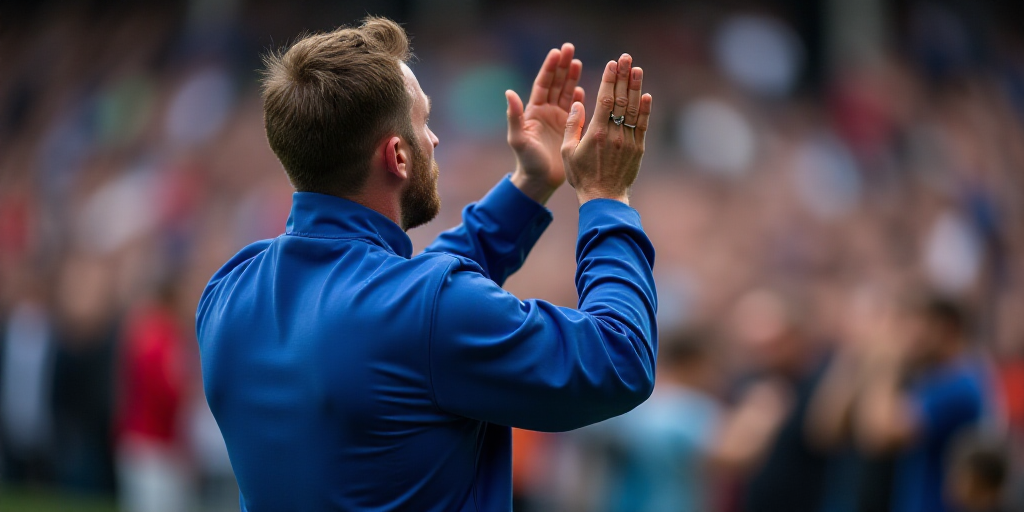 a man in a blue uniform is clapping his hands up in the air with his hands together in front of a cr
