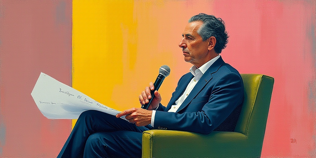 a man in a chair holding a paper and a microphone in his hand and a microphone in his other hand, Ca