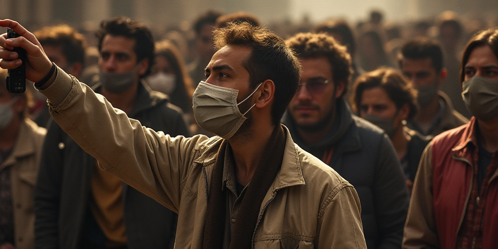 a man in a crowd of people wearing face masks and holding a camera and a cell phone in his hand, Fé