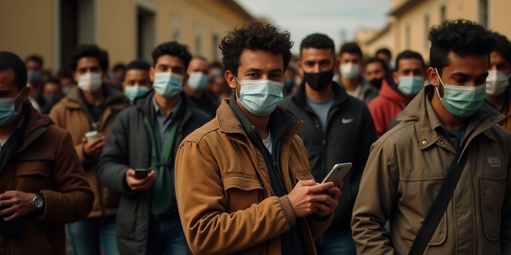 a man in a crowd of people wearing face masks and holding a camera and a cell phone in his hand, Fé