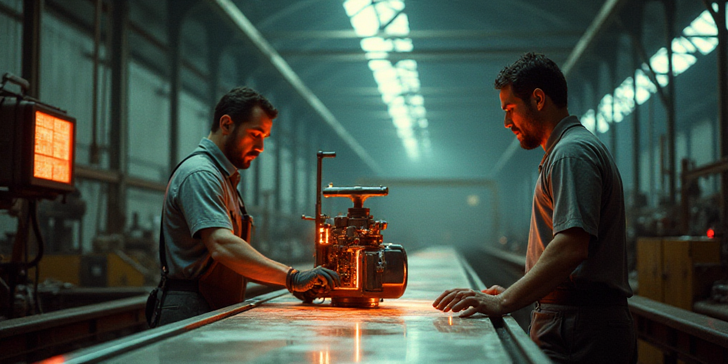 a man in a factory checking out a piece of equipment on a conveyor belt with a man in the background