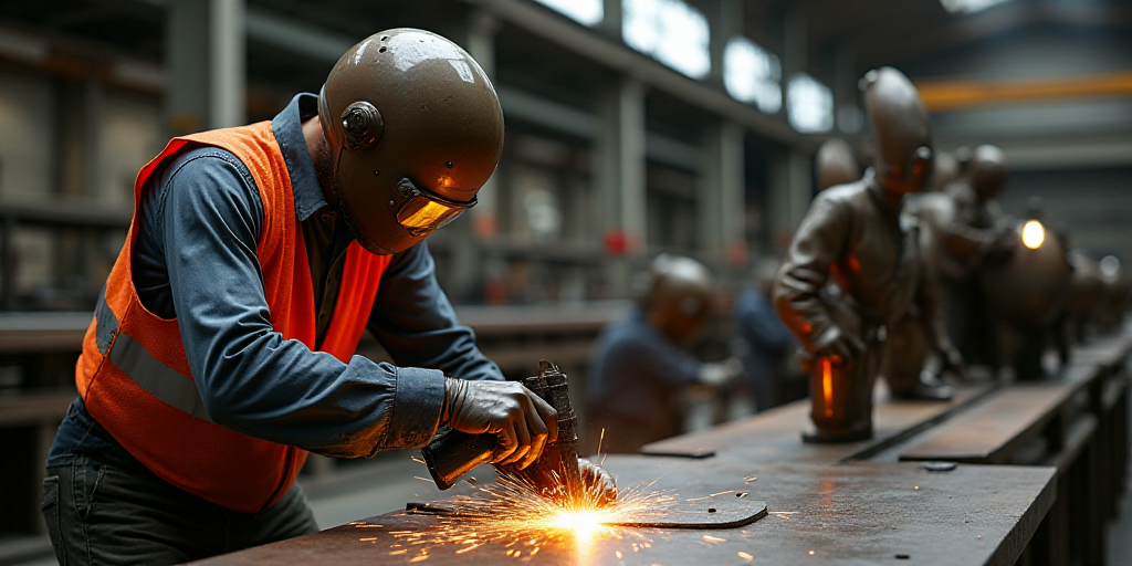 a man in a factory working on a piece of metal with a helmet on his head and a safety vest on, Alber