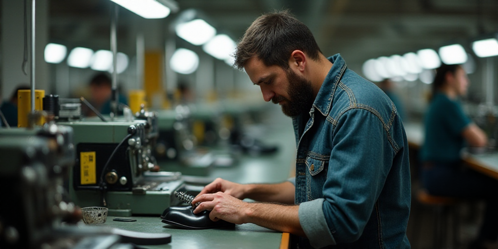 a man in a factory working on shoes with a machine in the background and people in the background wo