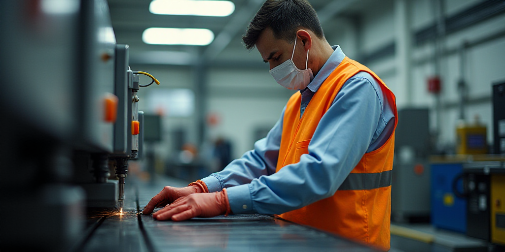a man in a factory working on a machine with a mask on and a safety vest on and a pair of gloves on,